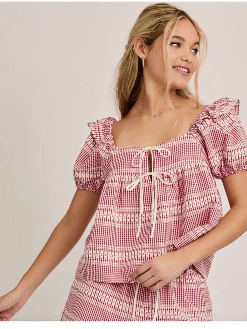 Lelis gingham, puff sleeve tie, front baby doll top sizeL
